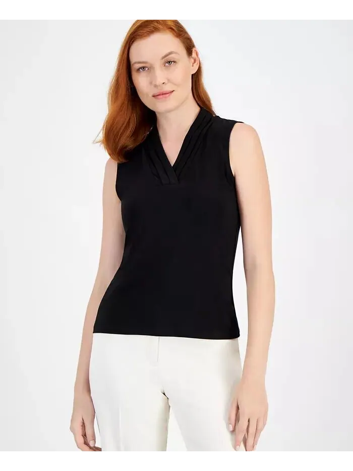 Женский топ без рукавов с V-образным вырезом и складками Anne Klein — изображение 1 из 1, черный