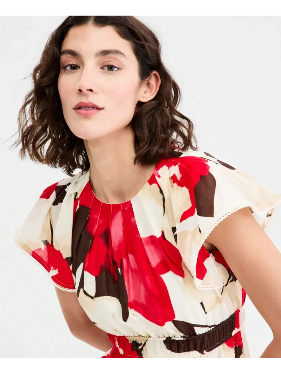 Платье-макси с коротким рукавом-воланами, с принтом Anne Klein — изображение 4 из 6, белый мульти