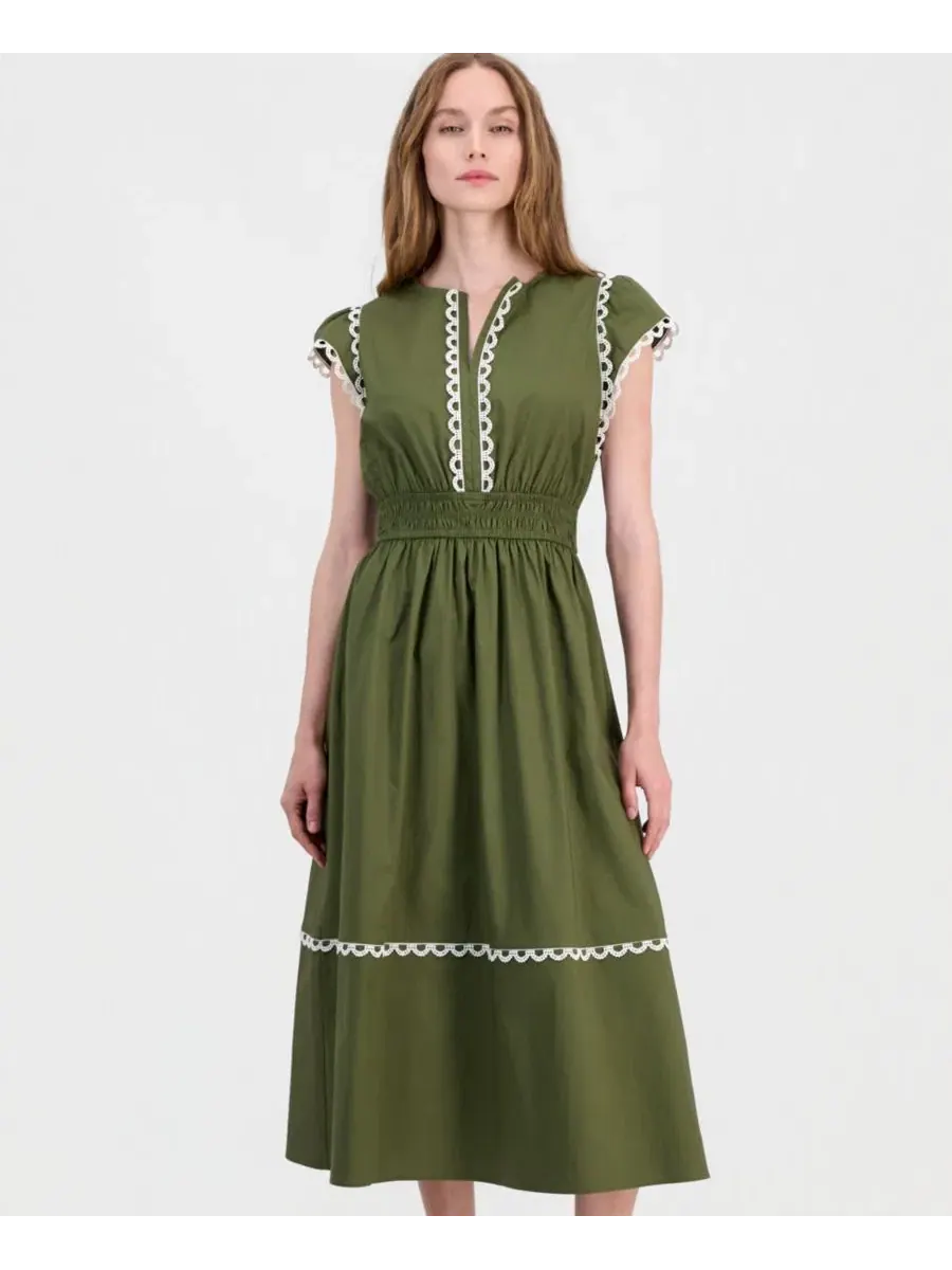 Платье миди хлопковое с кружевной отделкой Anne Klein — изображение 3 из 5, белый