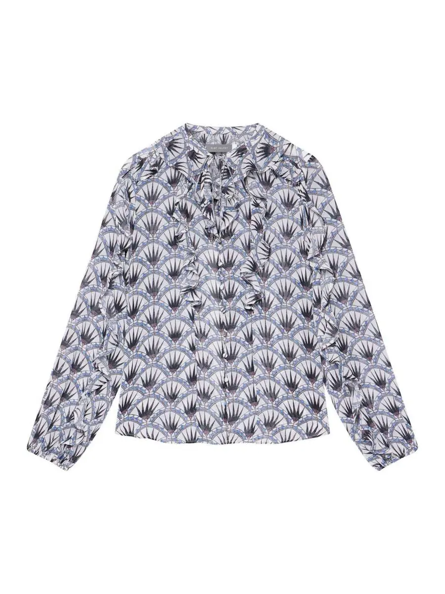 Блуза с рюшами и V-образным вырезом, с длинным рукавом, Art Deco Ruffle Tie-Neck Mint Velvet — изображение 4 из 6, синий