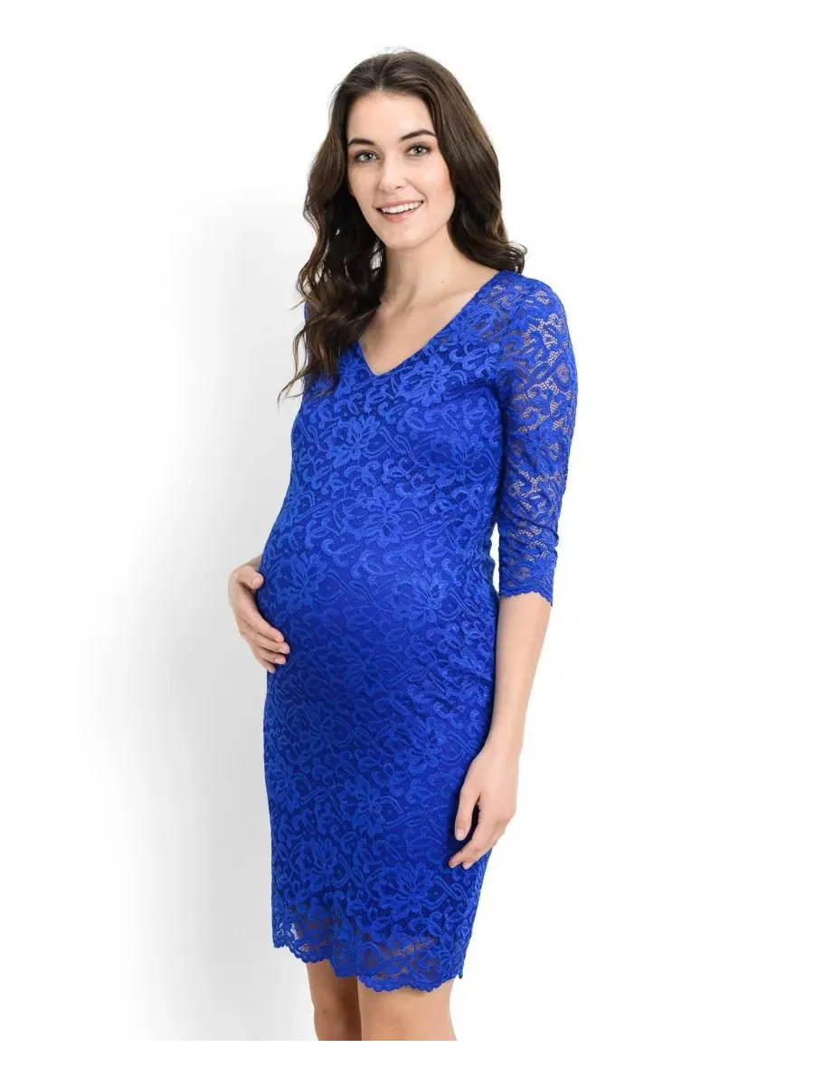 Платье для беременных из кружева с длинным рукавом 3/4, модель Floral Lace Hello Miz — изображение 1 из 5, синий