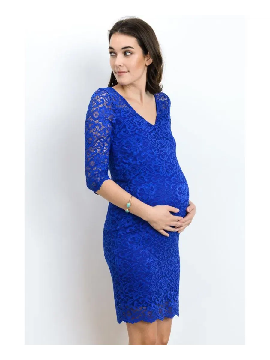 Платье для беременных из кружева с длинным рукавом 3/4, модель Floral Lace Hello Miz — изображение 2 из 5, синий