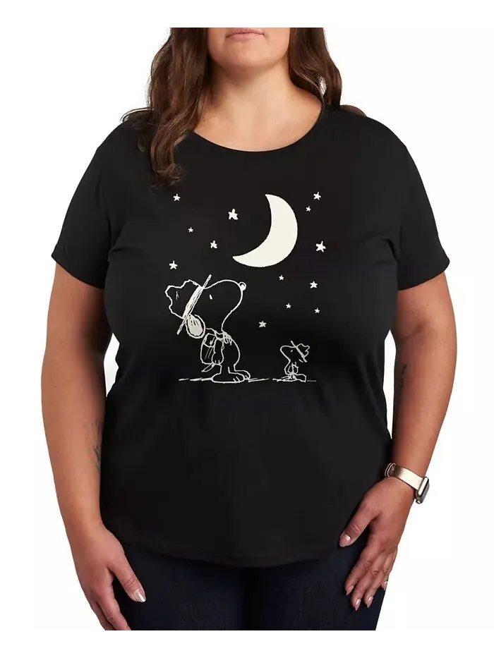 Футболка большого размера с принтом Peanuts Snoopy & Woodstock Moon and Stars Hybrid Apparel — изображение 1 из 3, черный