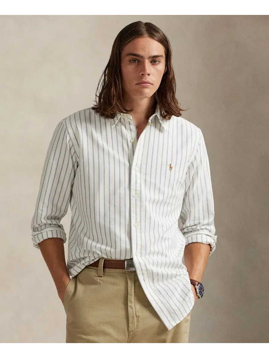 Рубашка с длинным рукавом The Iconic Mesh Shirt Polo Ralph Lauren — изображение 1 из 6, белый/синий мульти