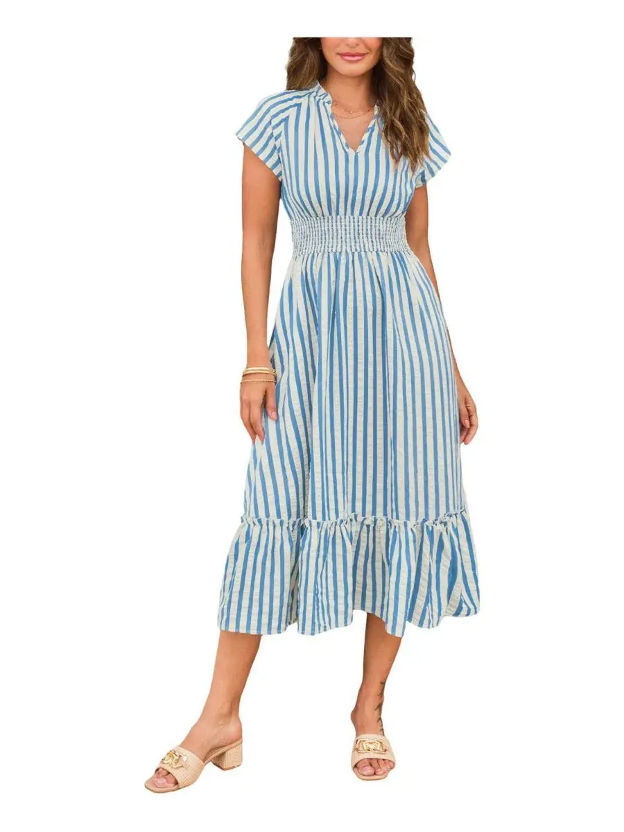 Платье миди с принтом Sunset Cruise Striped Cupshe — изображение 1 из 5, светлый/синий