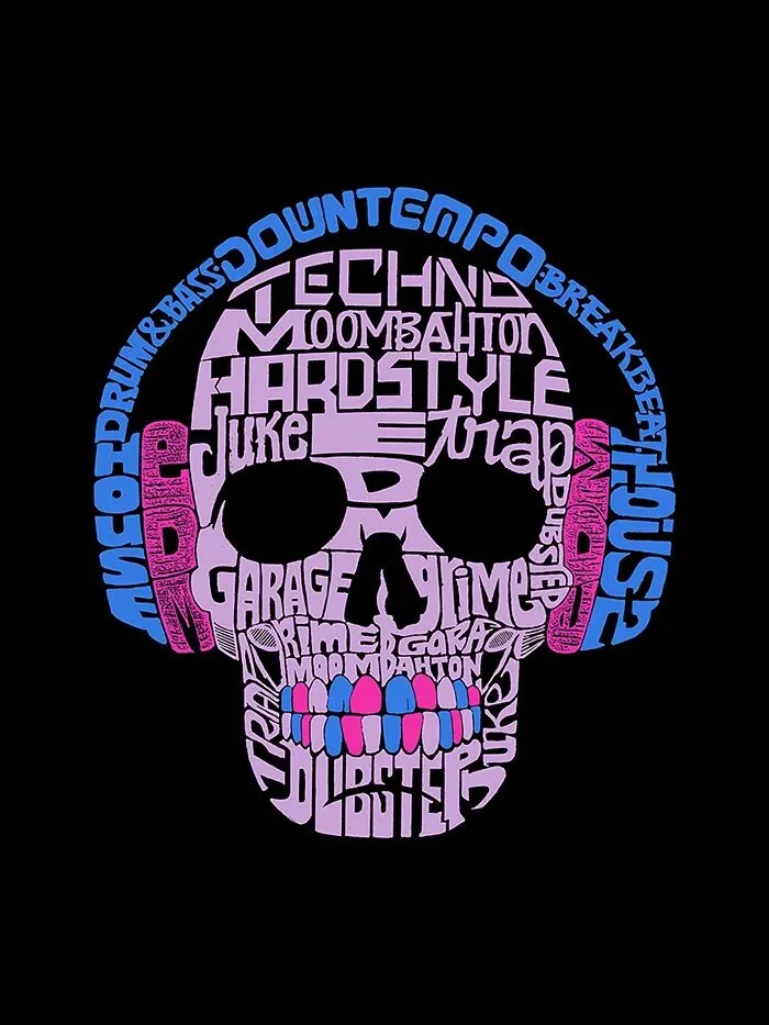 Мужская футболка с длинным рукавом Word Art Styles of Edm Music LA Pop Art — изображение 3 из 3, черный