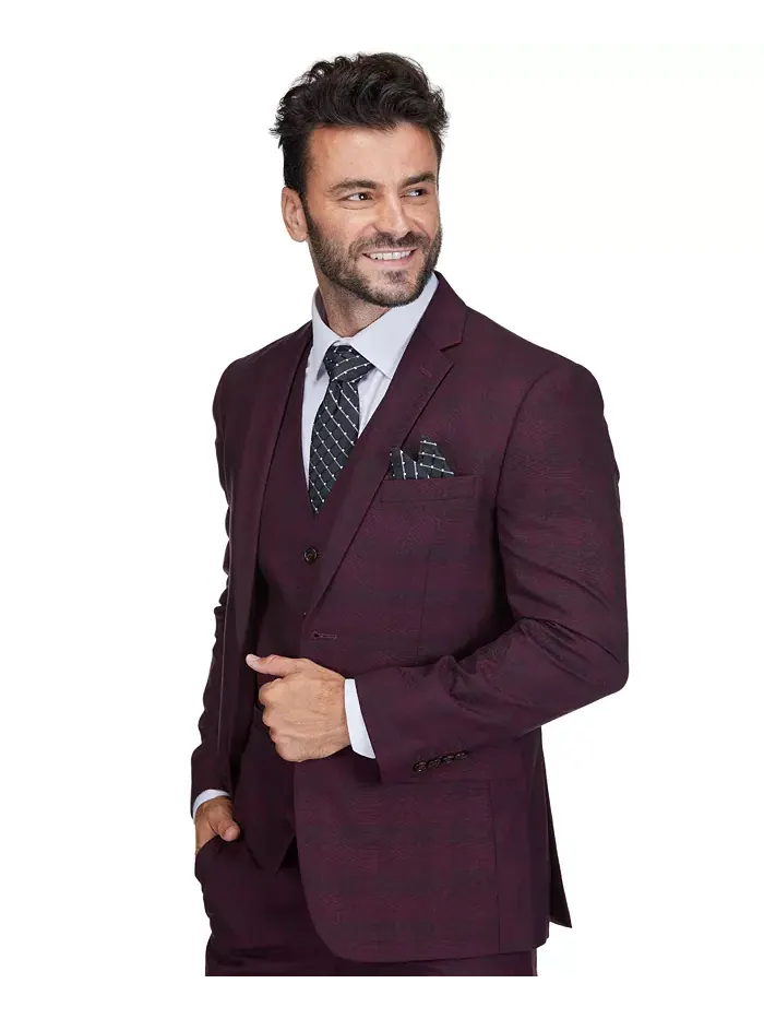 Мужской трехкомпонентный костюм Slim Fit в клетку Gino Vitale — изображение 2 из 5, бордовый