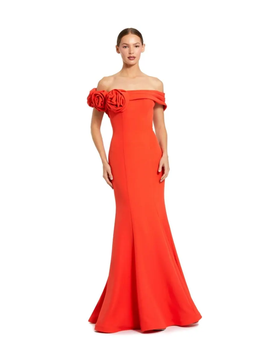 Женское платье из крепа с 3D-цветочным принтом и открытыми плечами Mac Duggal — изображение 1 из 3, кайенский оранжевый