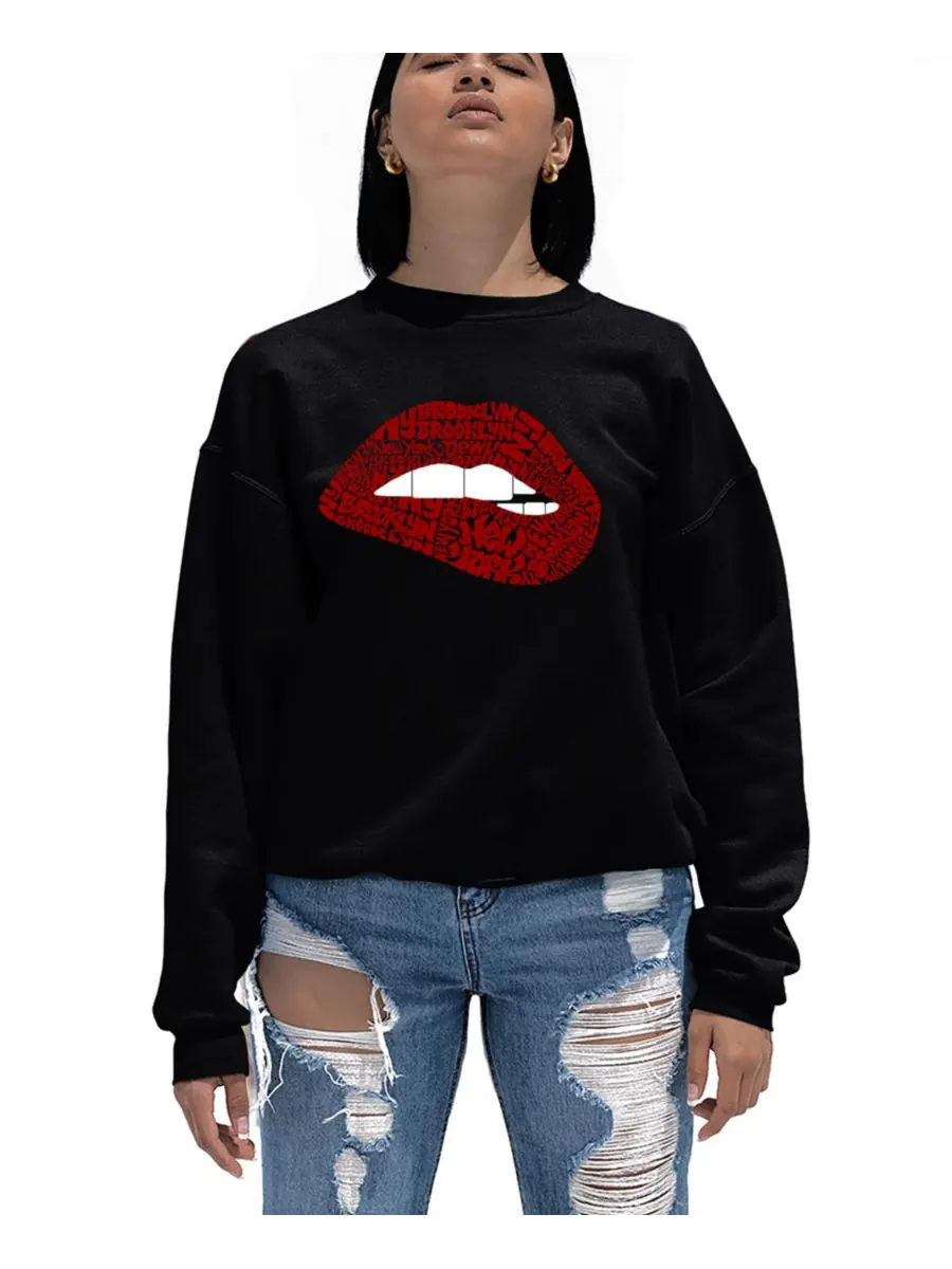 Женская толстовка с круглым вырезом и надписью "Brooklyn Lips" LA Pop Art — изображение 1 из 3, черный