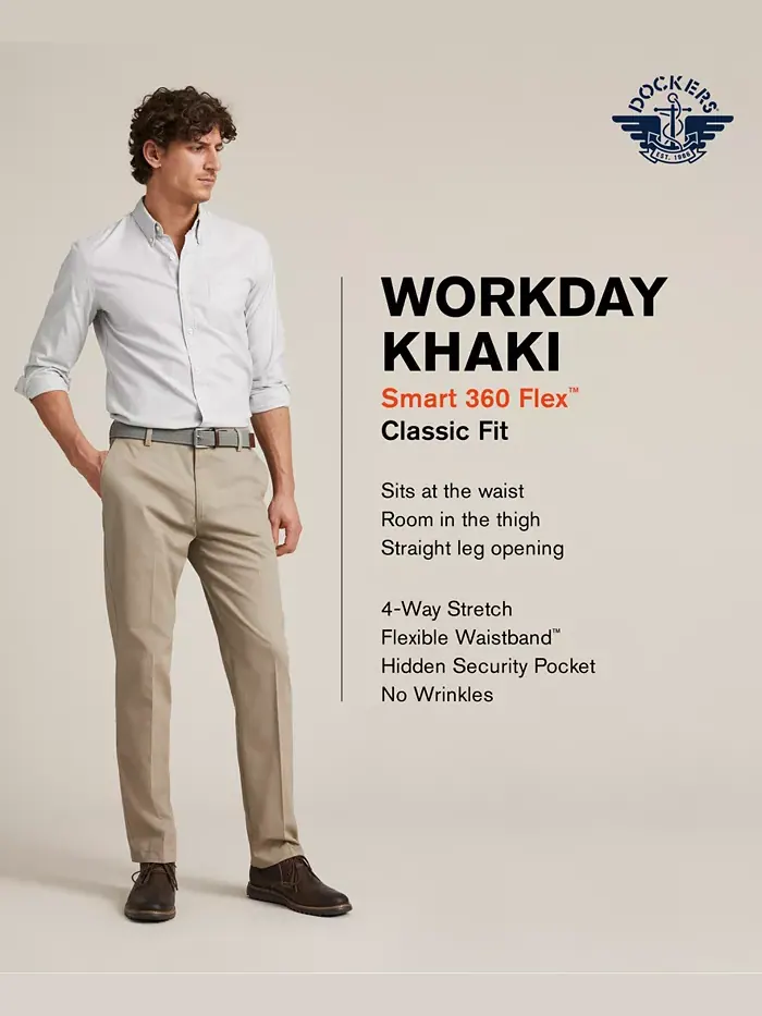 Мужские рабочие брюки Workday Smart 360 Flex Classic Fit Khaki Stretch Dockers — 2