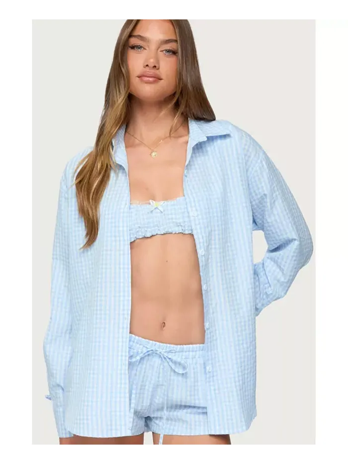 Женская рубашка свободного кроя Yaffa Gingham на пуговицах Edikted — изображение 1 из 5, светлый-синий