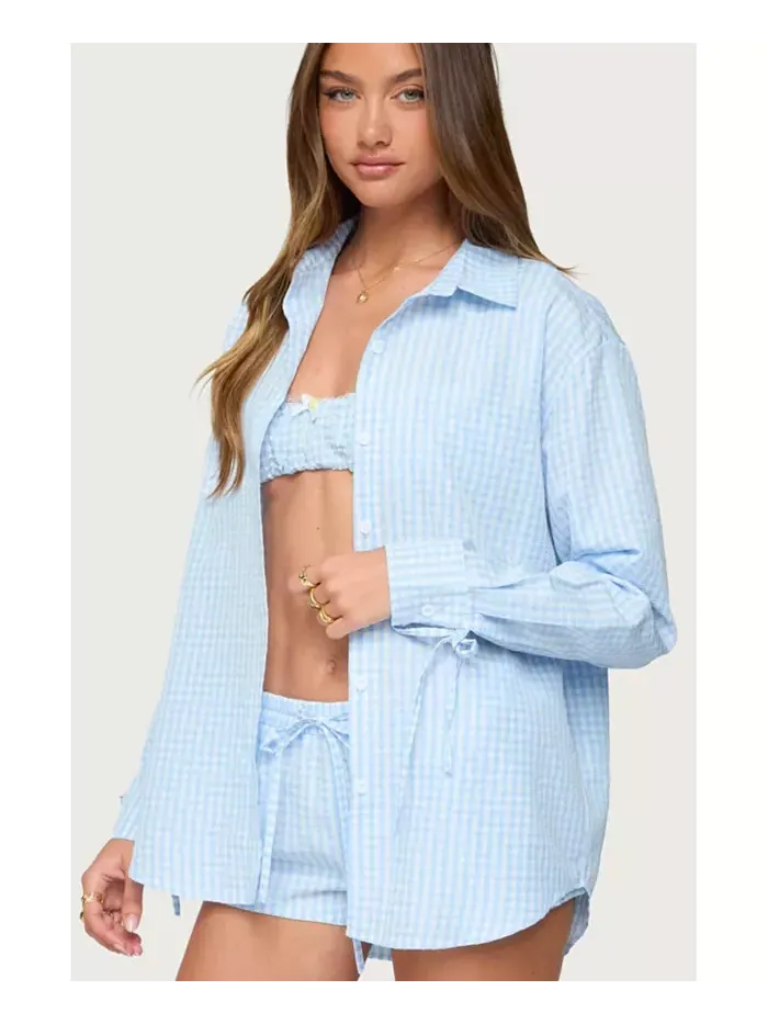 Женская рубашка свободного кроя Yaffa Gingham на пуговицах Edikted — изображение 4 из 5, светлый-синий