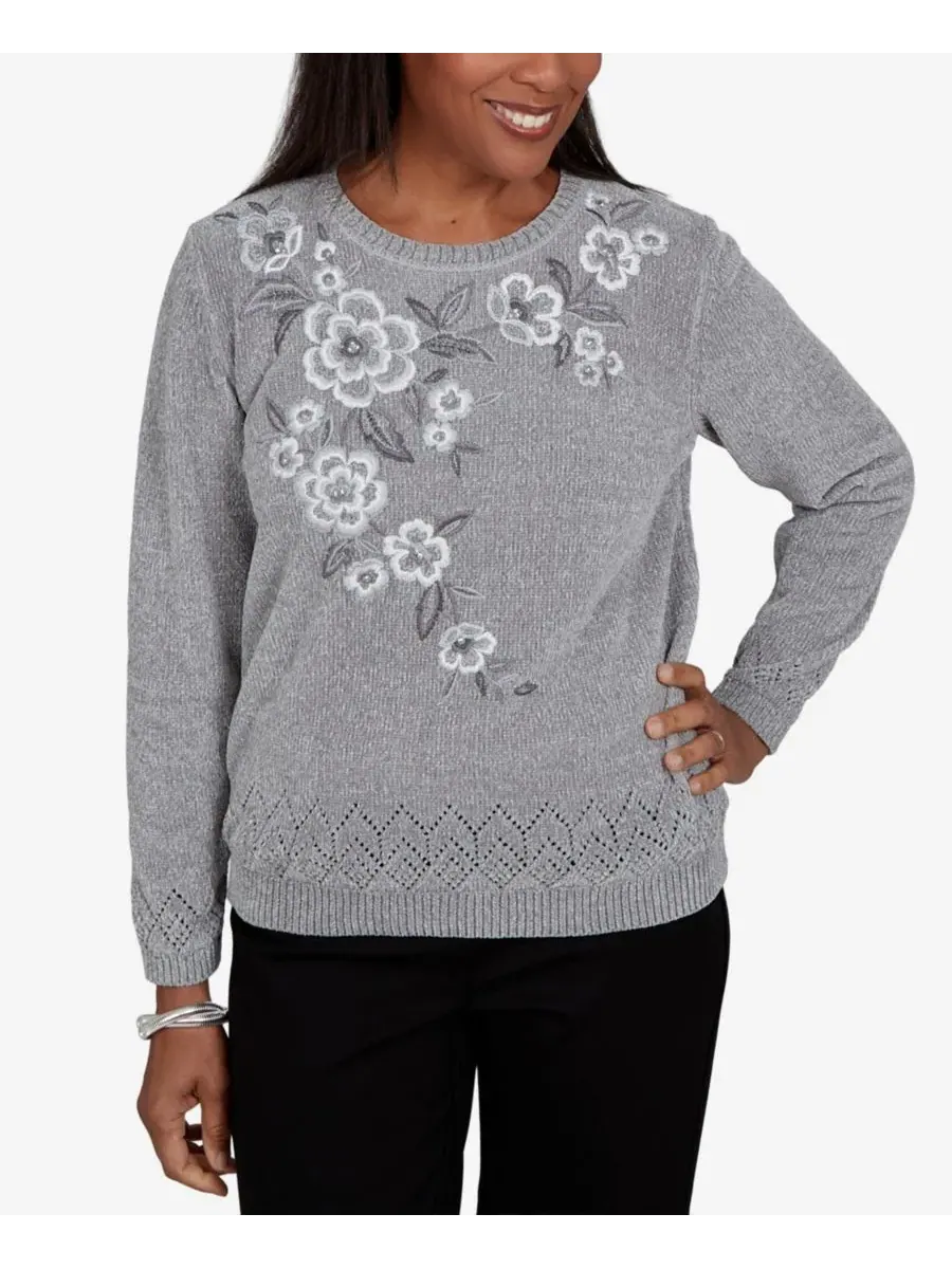 Свитер с вышивкой Petite Embroidered Floral Textured Chenille Alfred Dunner — изображение 1 из 5, серый