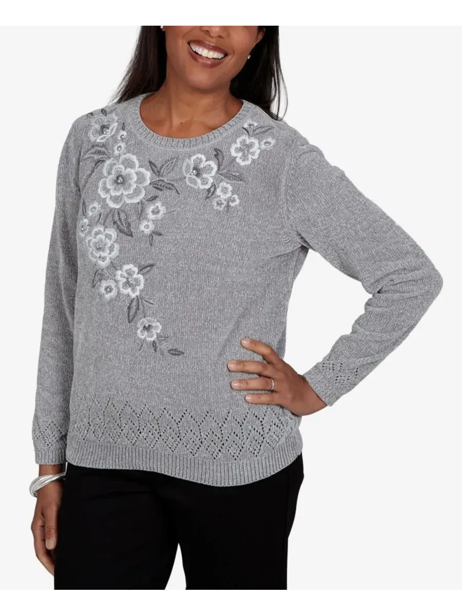 Свитер с вышивкой Petite Embroidered Floral Textured Chenille Alfred Dunner — изображение 2 из 5, серый