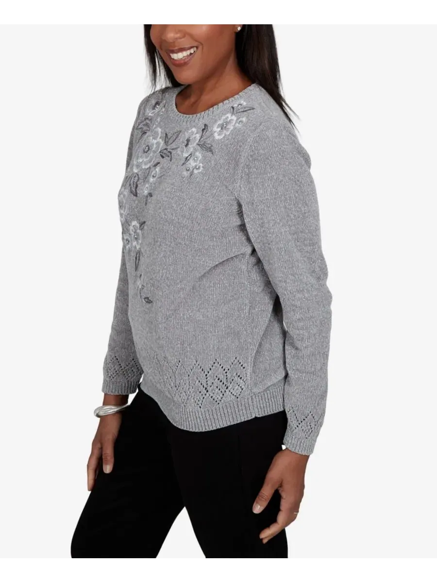 Свитер с вышивкой Petite Embroidered Floral Textured Chenille Alfred Dunner — изображение 3 из 5, серый