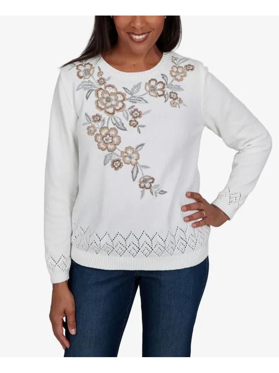 Свитер с цветочной вышивкой и фактурной пряжи, модель Petite Embroidered Floral Textured Chenille — изображение 1 из 5, белый