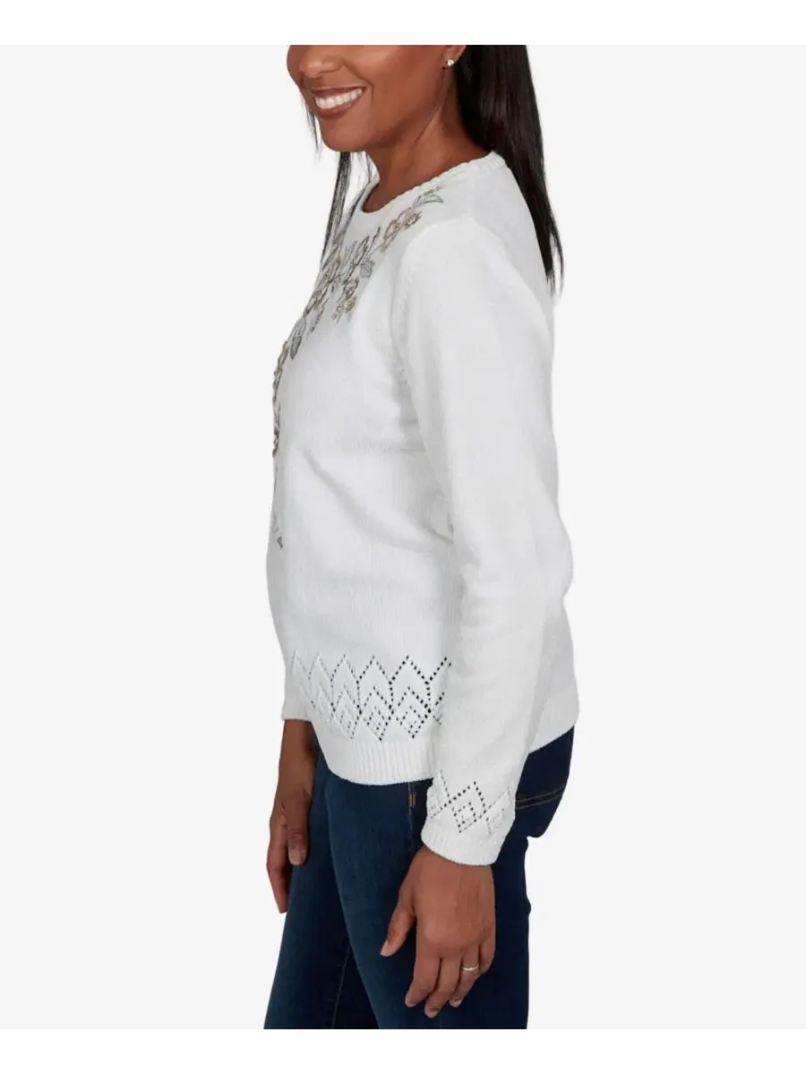 Свитер с цветочной вышивкой и фактурной пряжи, модель Petite Embroidered Floral Textured Chenille — изображение 3 из 5, белый
