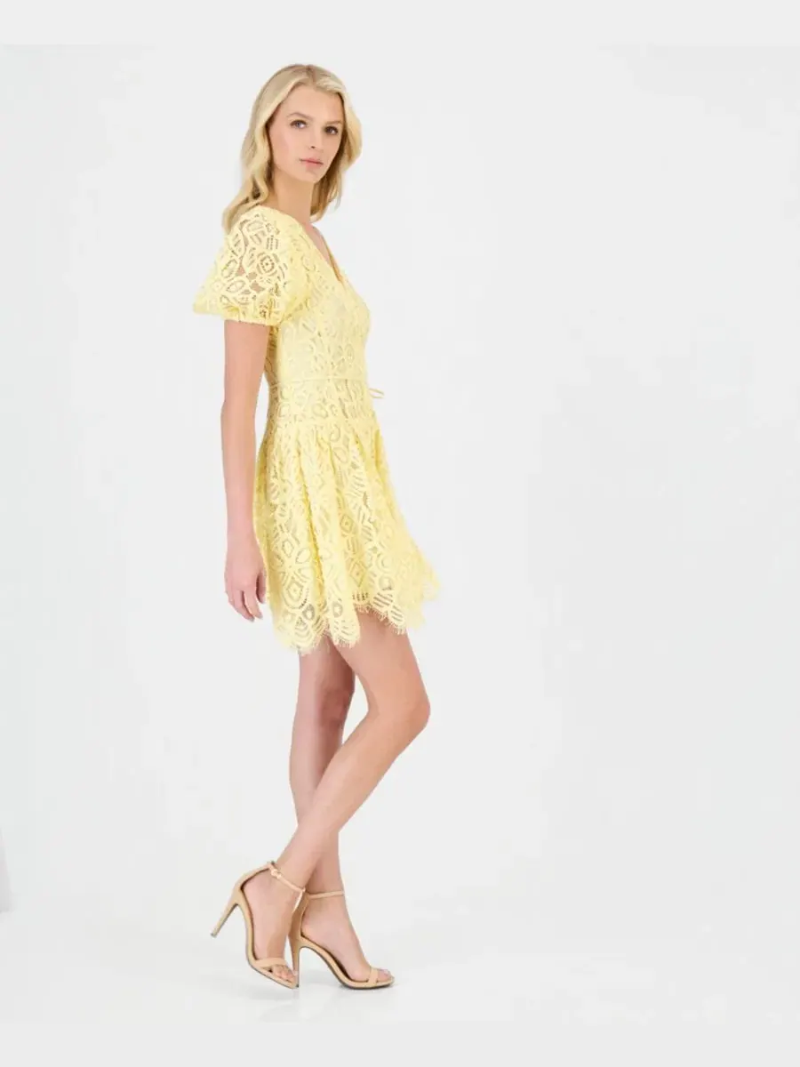Платье мини с кружевом и пышными рукавами Anne Klein — изображение 3 из 5, желтый