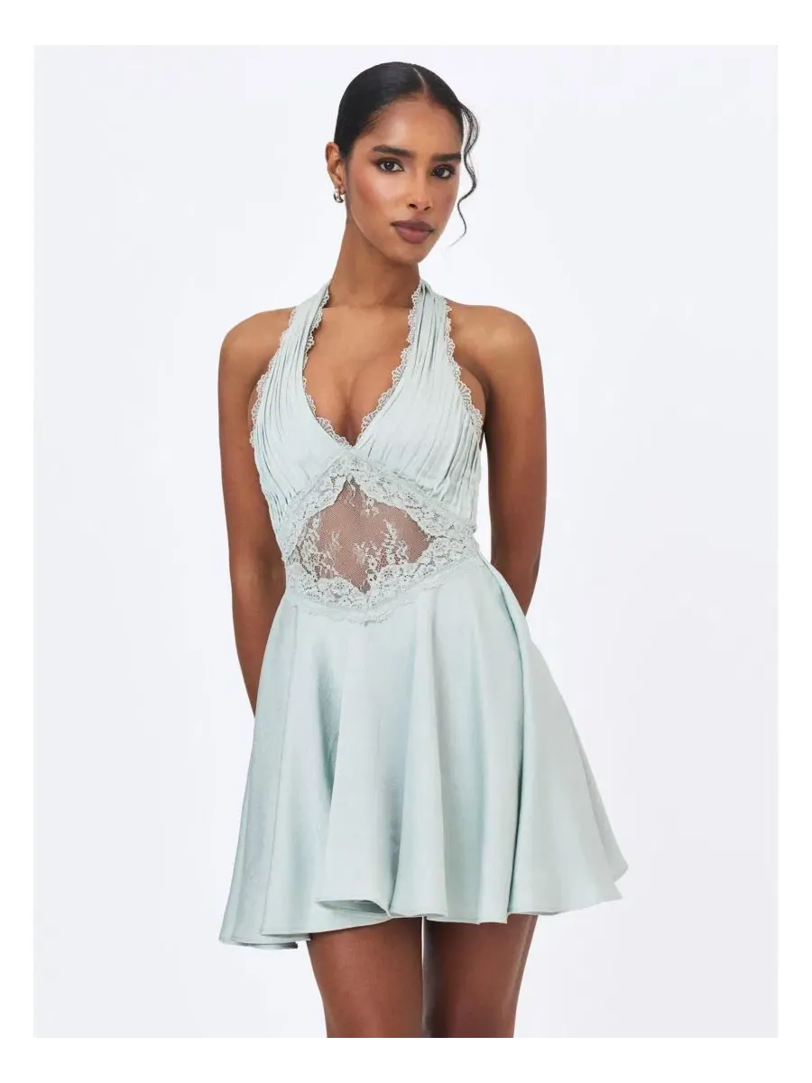 Платье мини Miss Circle Rianna Halter Crinkle-Satin — изображение 1 из 5, шалфейный