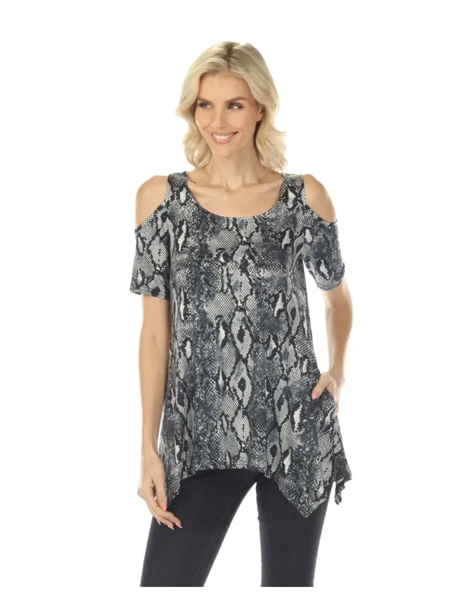 Топ с открытыми плечами с принтом Cold Shoulder Snake Print Swing Top White Mark