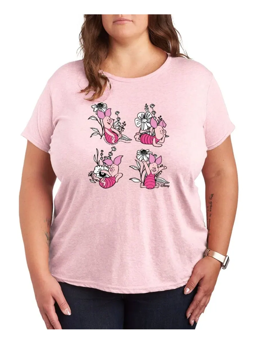 Женская футболка с принтом Winnie The Pooh Piglet Flowers Hybrid Apparel — изображение 1 из 3, розовый