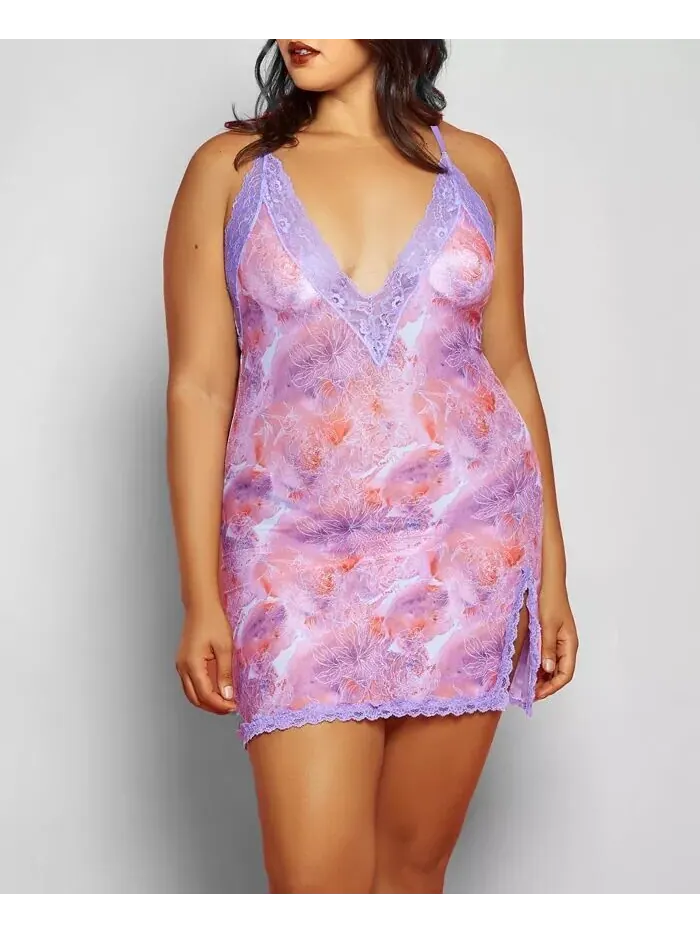 Selena Plus Size Комплект нижнего белья из 2 предметов кружевной сорочки с v-образным вырезом и
