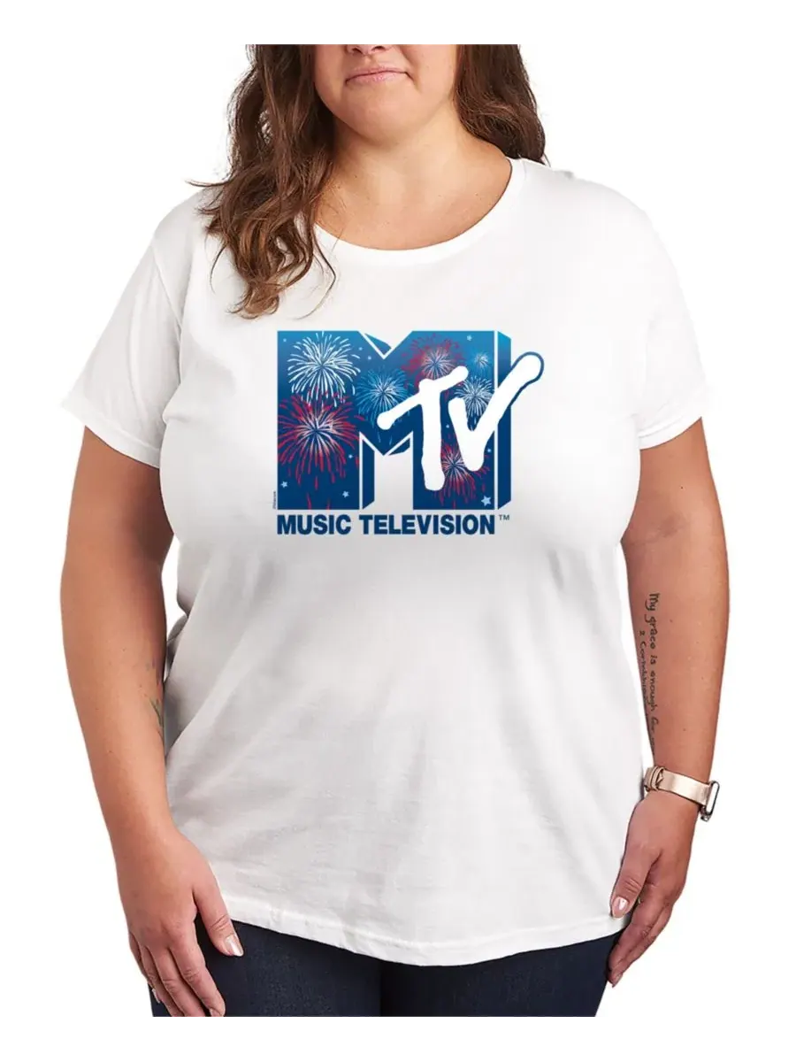 Футболка с коротким рукавом и графическим принтом с логотипом фейерверка MTV больших размеров — изображение 1 из 3, белый