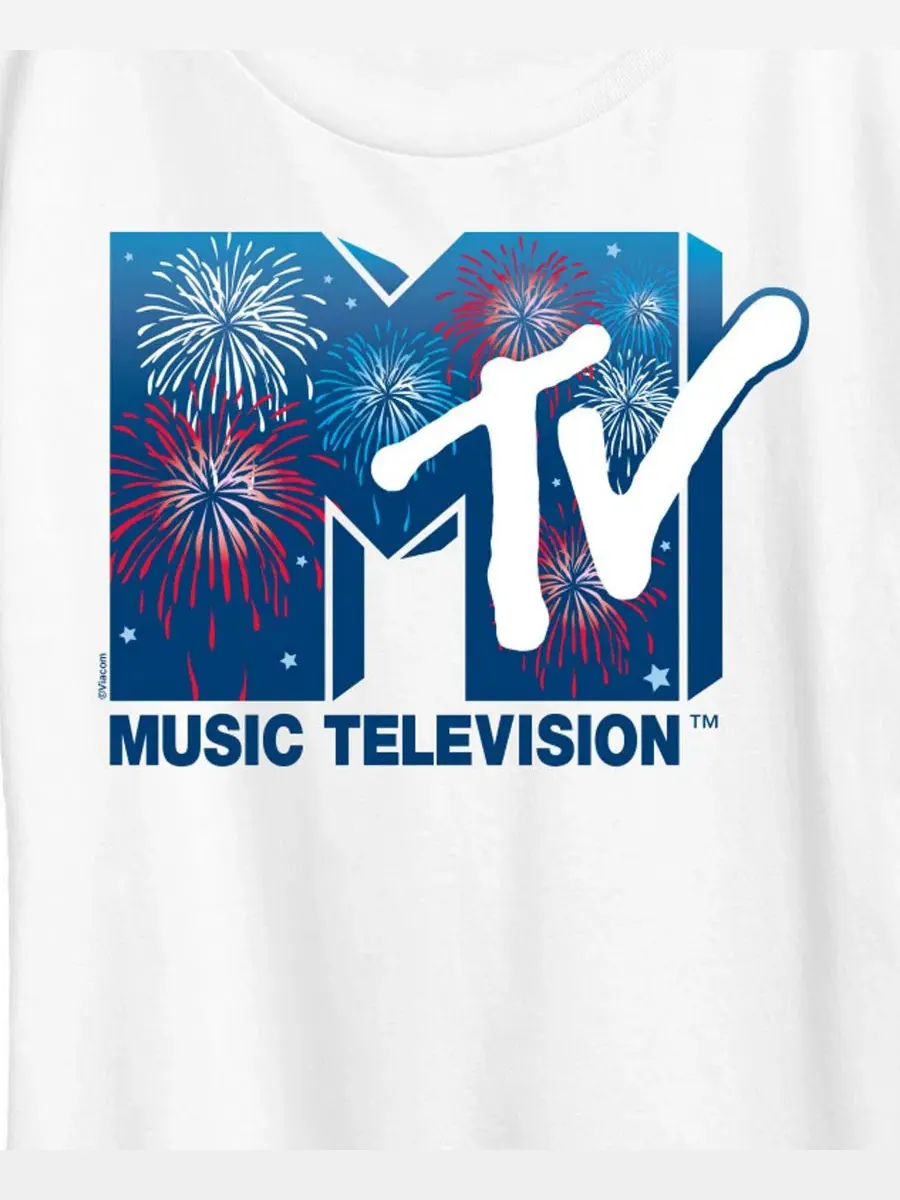 Футболка с коротким рукавом и графическим принтом с логотипом фейерверка MTV больших размеров — изображение 2 из 3, белый