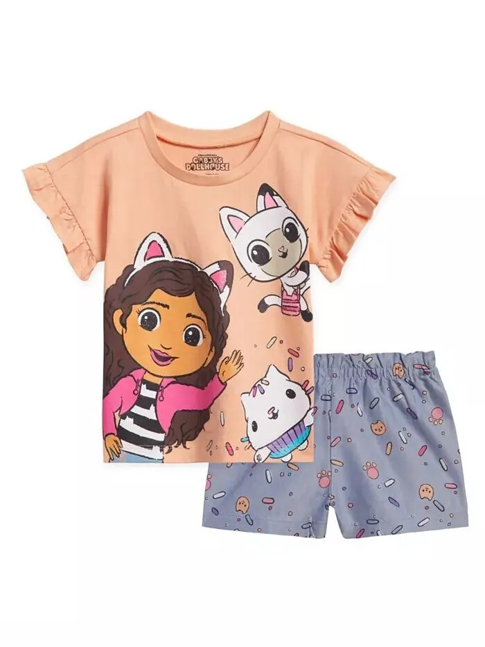 Комплект одежды из футболки Pandy Paws Cakey Cat и шорт из шамбре для маленьких девочек Dreamworks — синий