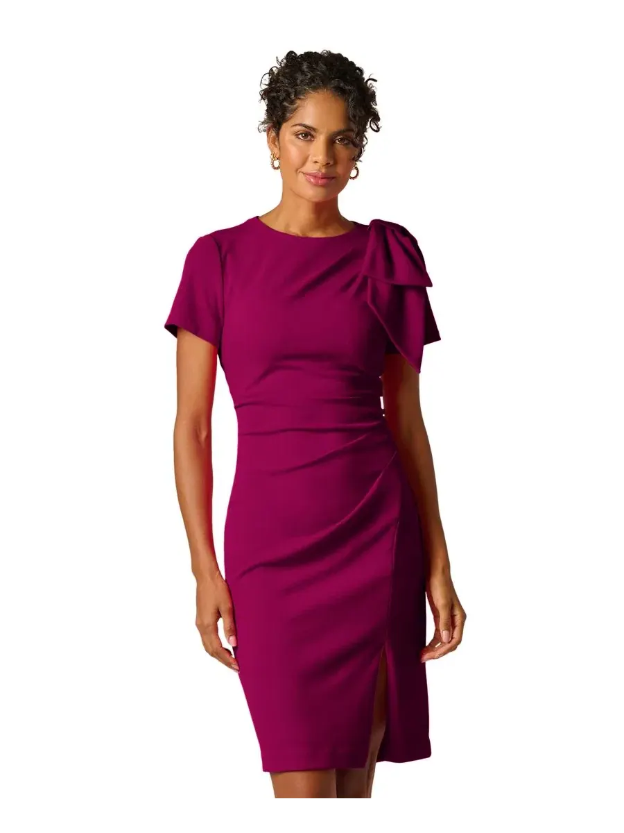 Платье миди с плиссе и бантом, модель Petite Crewneck Pleated Bow Midi Dress Adrianna Papell — изображение 2 из 5
