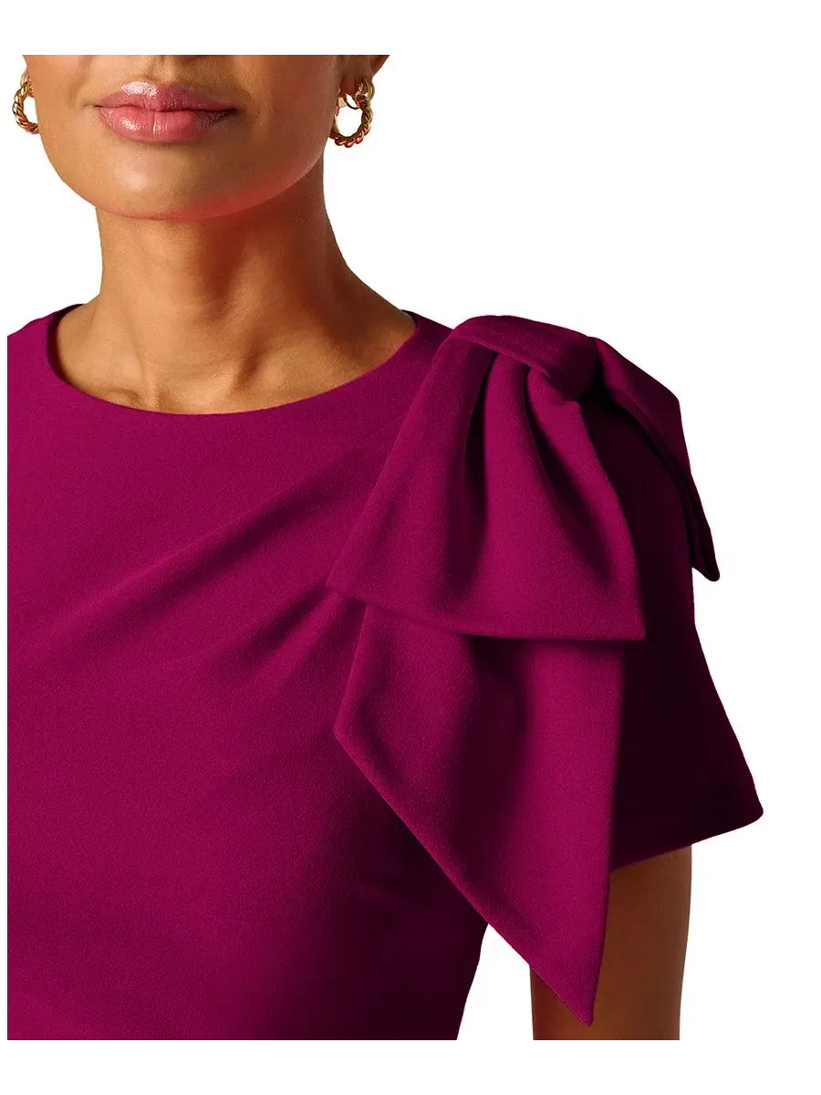 Платье миди с плиссе и бантом, модель Petite Crewneck Pleated Bow Midi Dress Adrianna Papell — изображение 4 из 5