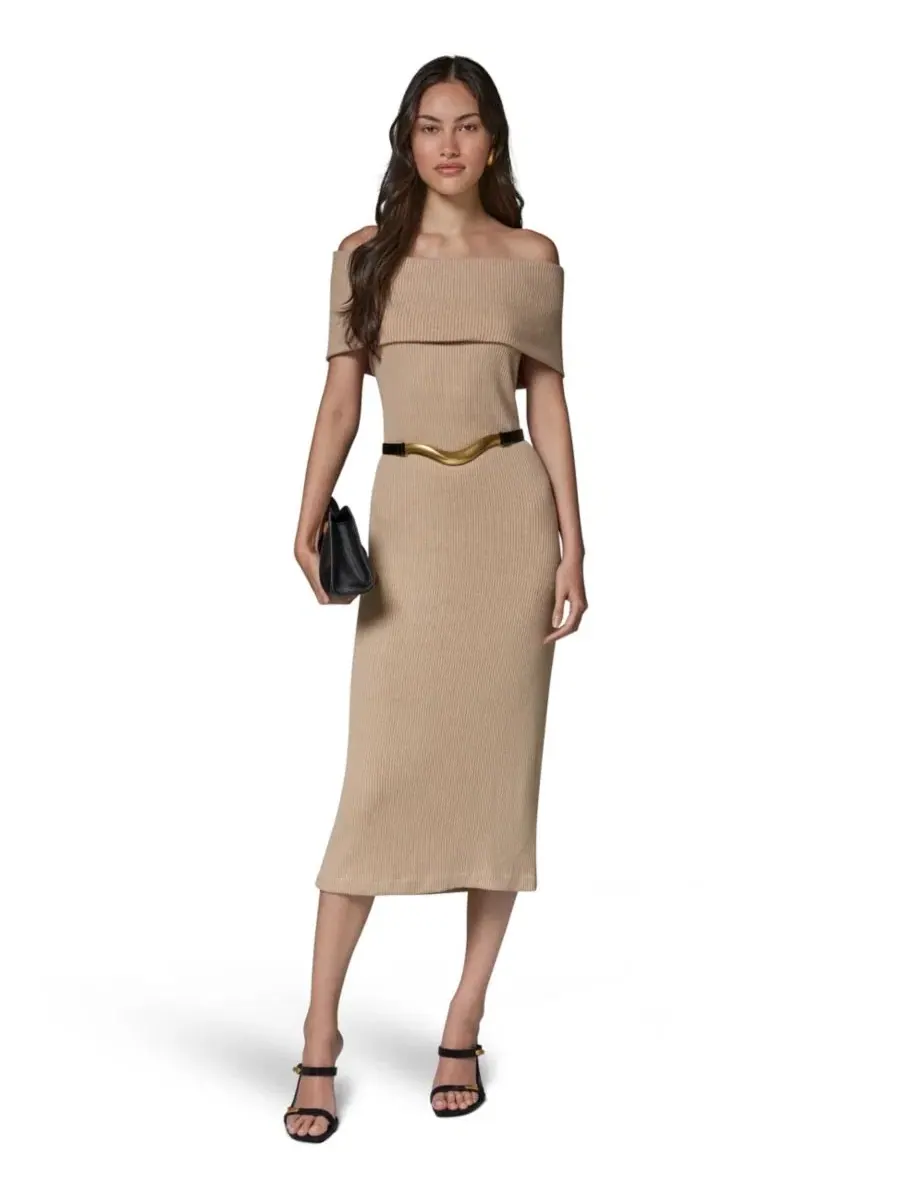 Платье-свитер без рукавов с поясом, модель Off-the-Shoulder Belted Sweater Dress Donna Karan New — изображение 1 из 7
