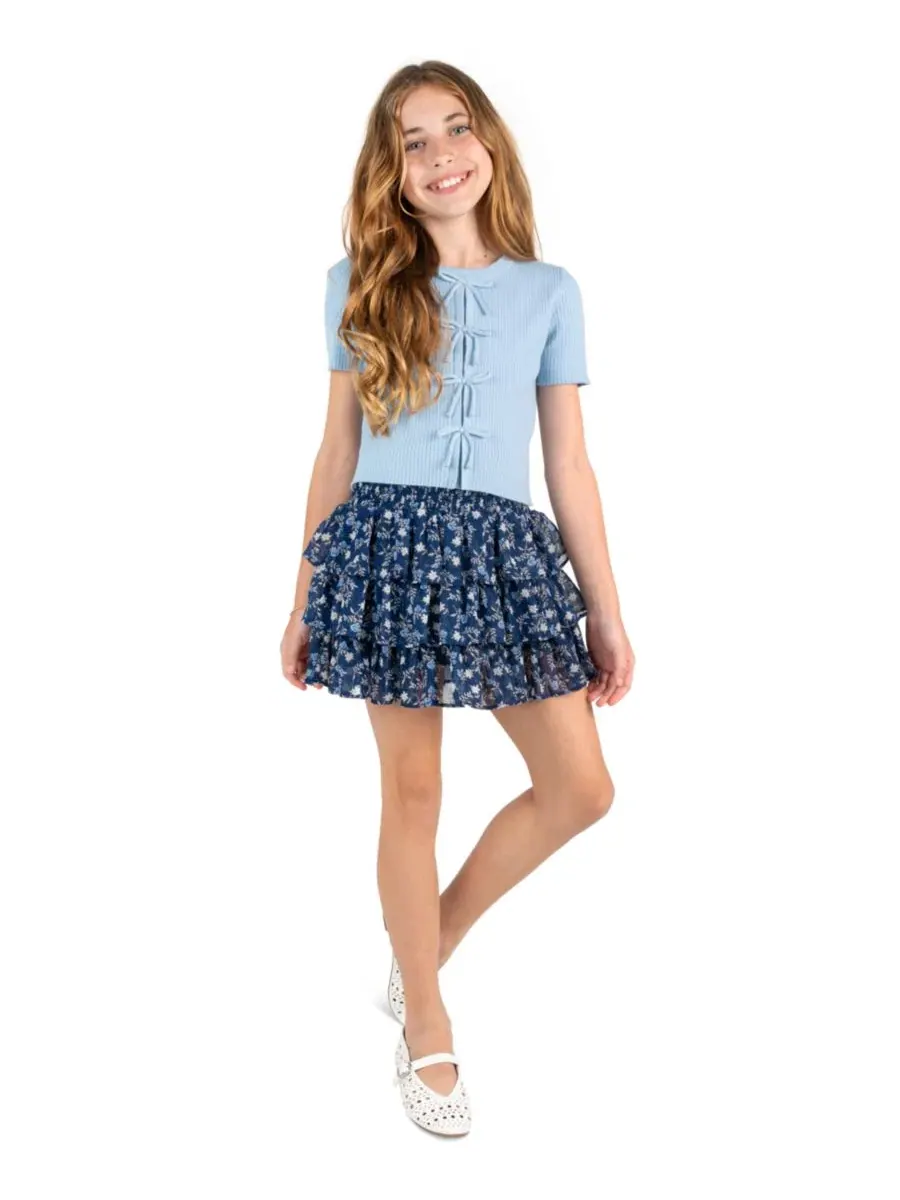 Комплект из топа и юбки-шорт с бантом, модель Rib Knit Bow Top and Skort Rare Editions — изображение 1 из 7, темно-синий