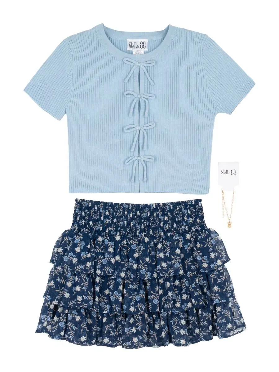 Комплект из топа и юбки-шорт с бантом, модель Rib Knit Bow Top and Skort Rare Editions — изображение 4 из 7, темно-синий