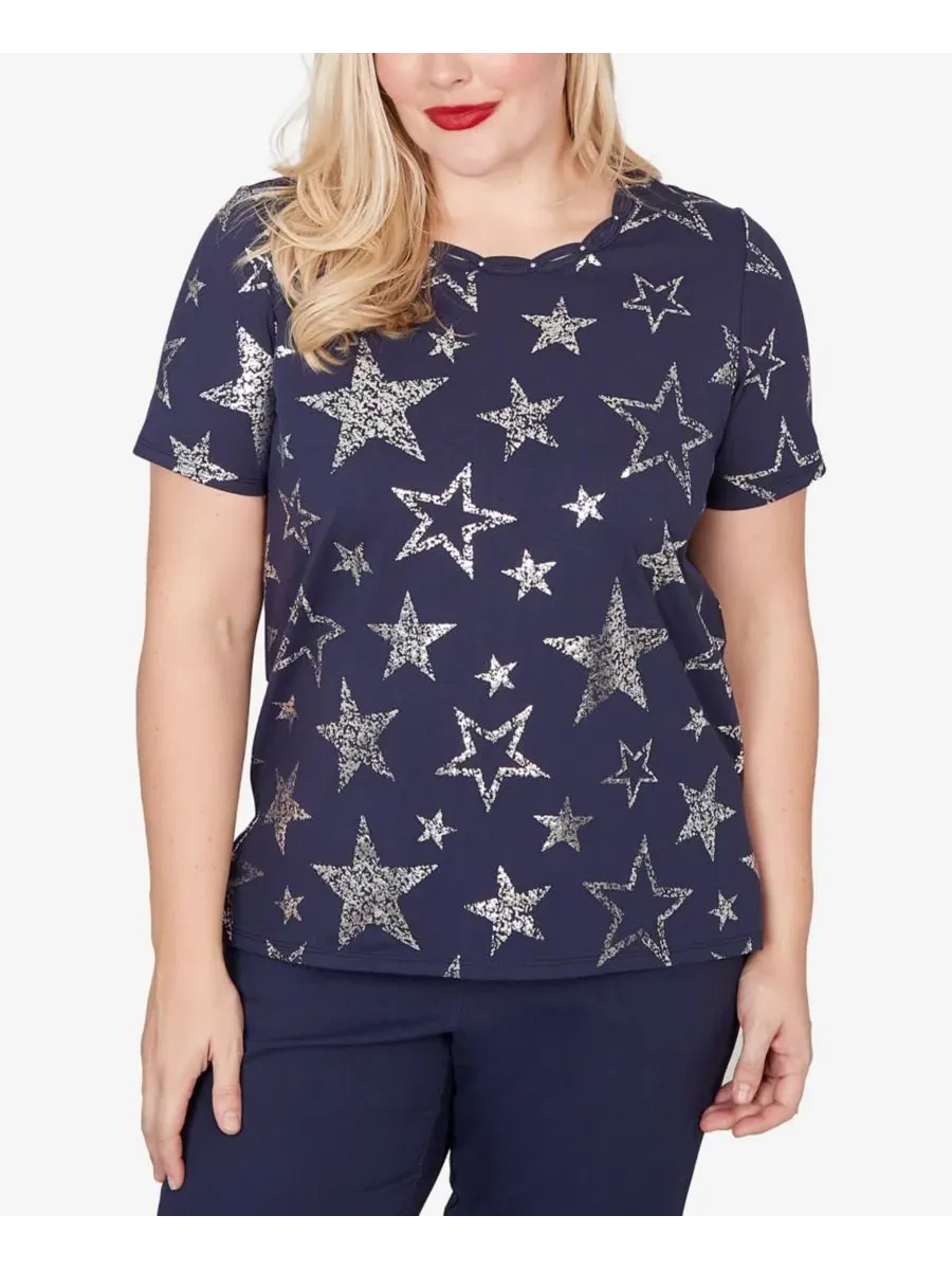 Футболка с коротким рукавом Petite Lady Liberty Sparkling Foil Stars Alfred Dunner — изображение 1 из 5, темно-синий