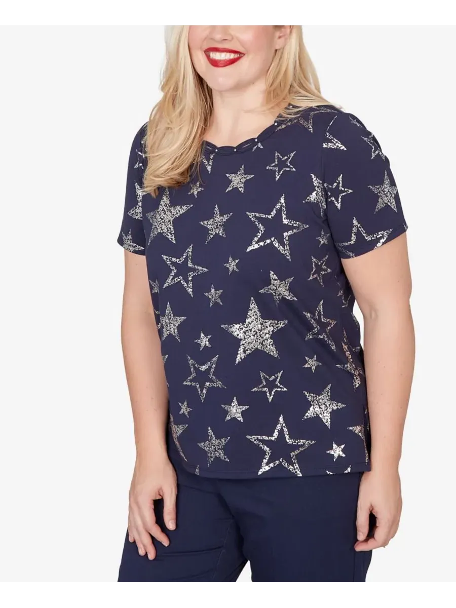 Футболка с коротким рукавом Petite Lady Liberty Sparkling Foil Stars Alfred Dunner — изображение 2 из 5, темно-синий