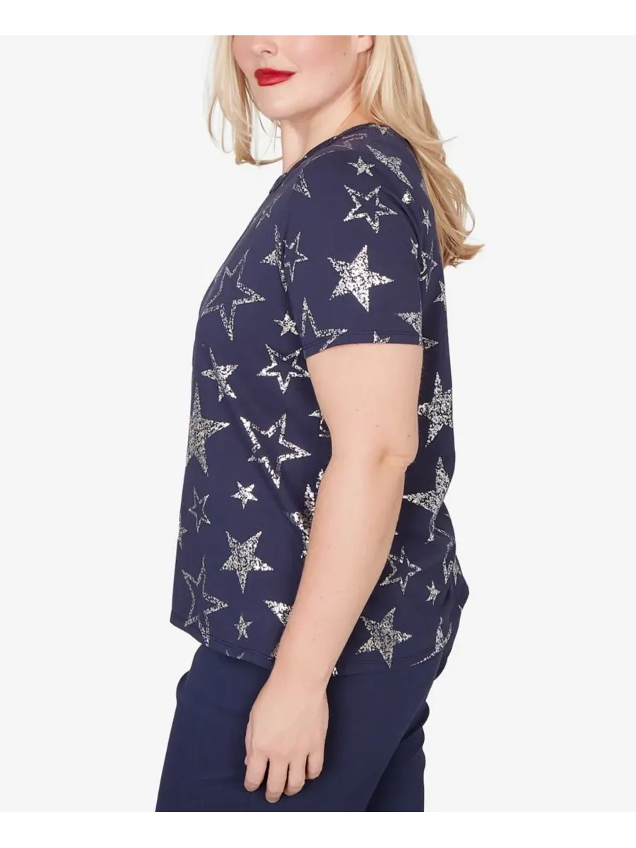 Футболка с коротким рукавом Petite Lady Liberty Sparkling Foil Stars Alfred Dunner — изображение 3 из 5, темно-синий
