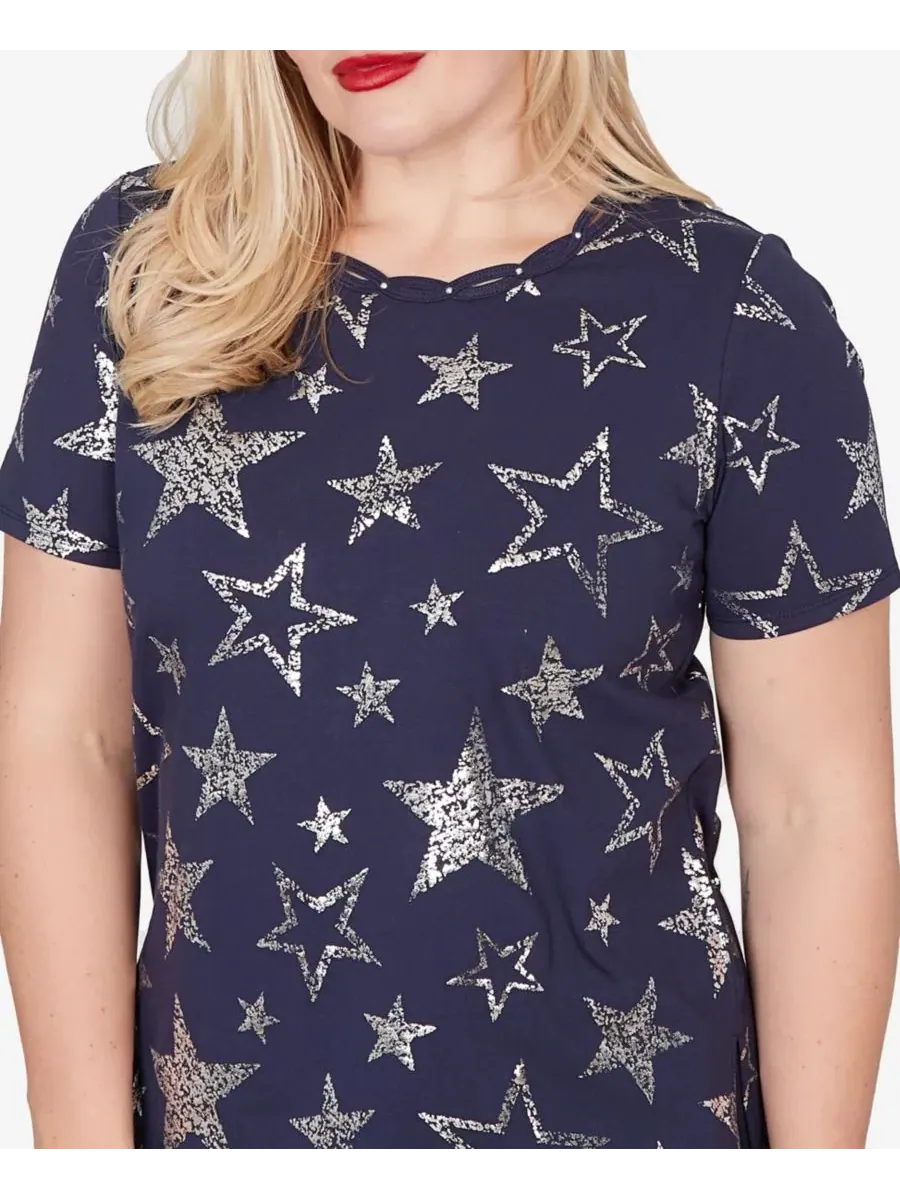 Футболка с коротким рукавом Petite Lady Liberty Sparkling Foil Stars Alfred Dunner — изображение 4 из 5, темно-синий
