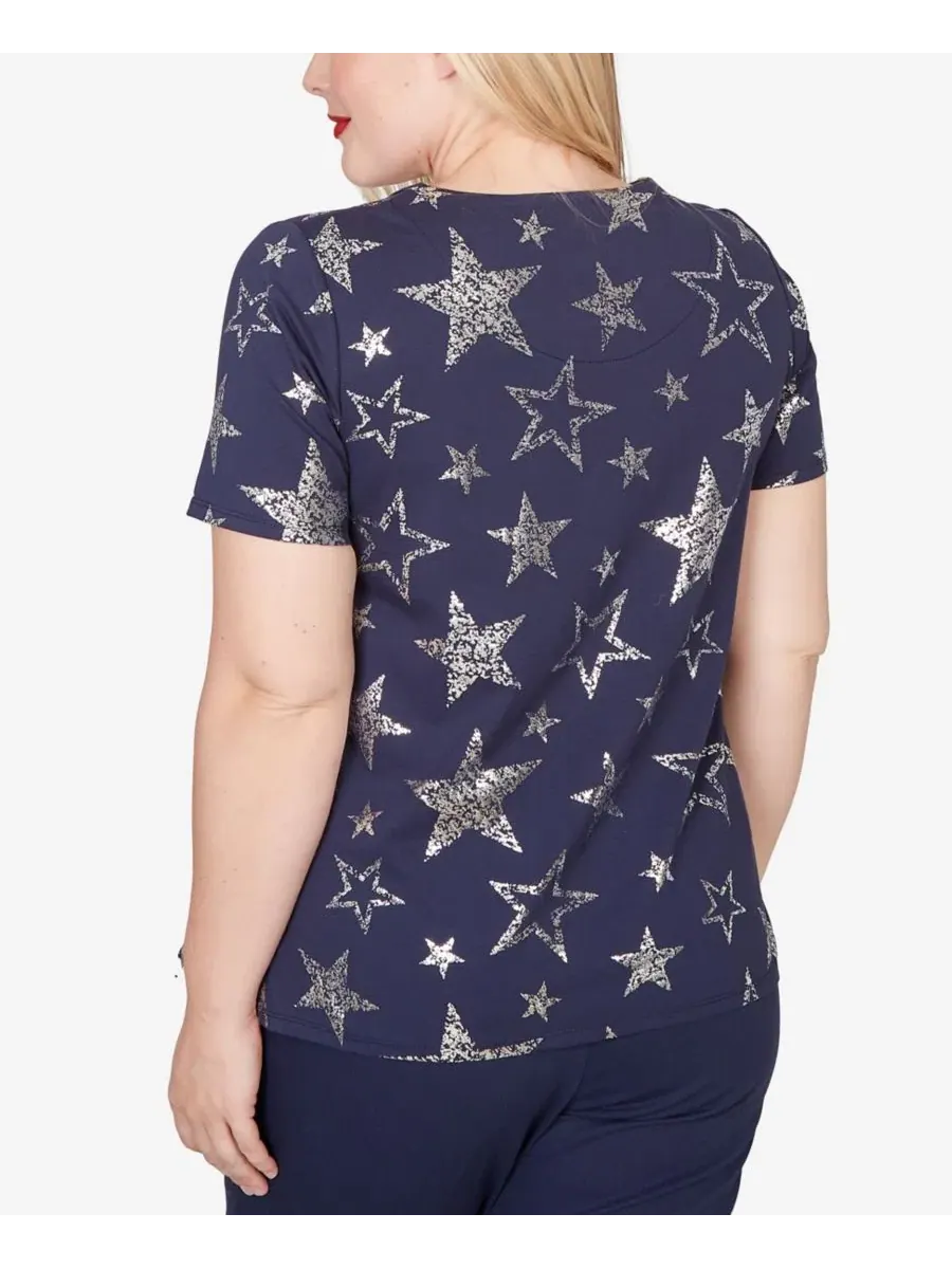 Футболка с коротким рукавом Petite Lady Liberty Sparkling Foil Stars Alfred Dunner — изображение 5 из 5, темно-синий