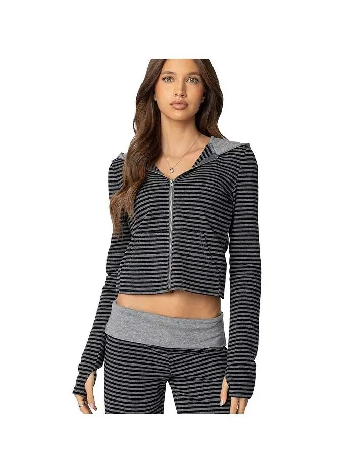 Женская толстовка Meggy Striped с капюшоном на молнии Edikted — изображение 1 из 3, черный--серый