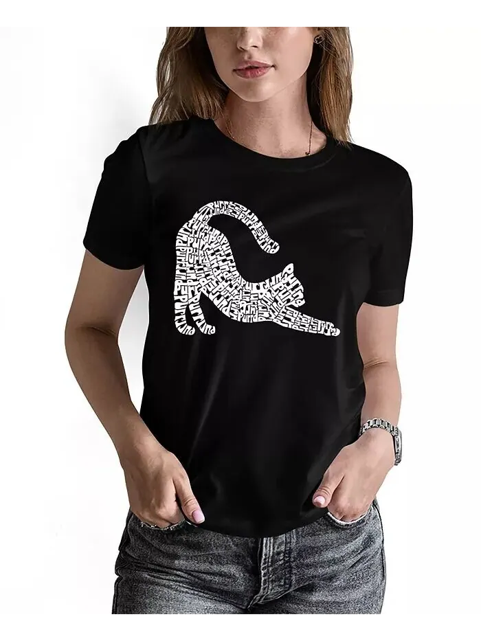 Женская футболка Stretching Cat Word Art с круглым вырезом LA Pop Art — изображение 1 из 3, черный