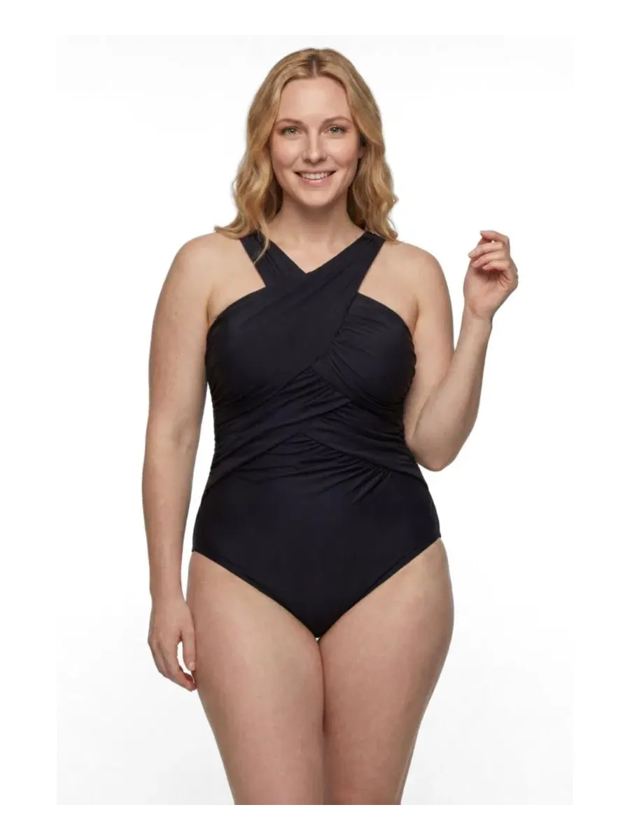 Женский слитный купальник с высоким воротником и запахом Swimsuits For All — изображение 1 из 3, черный