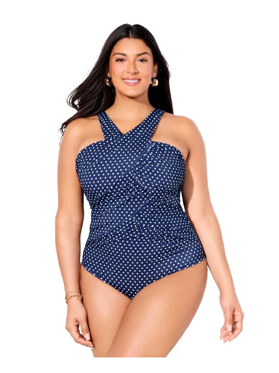 Женский слитный купальник с высоким воротником и запахом Swimsuits For All — изображение 1 из 3, темно-синий