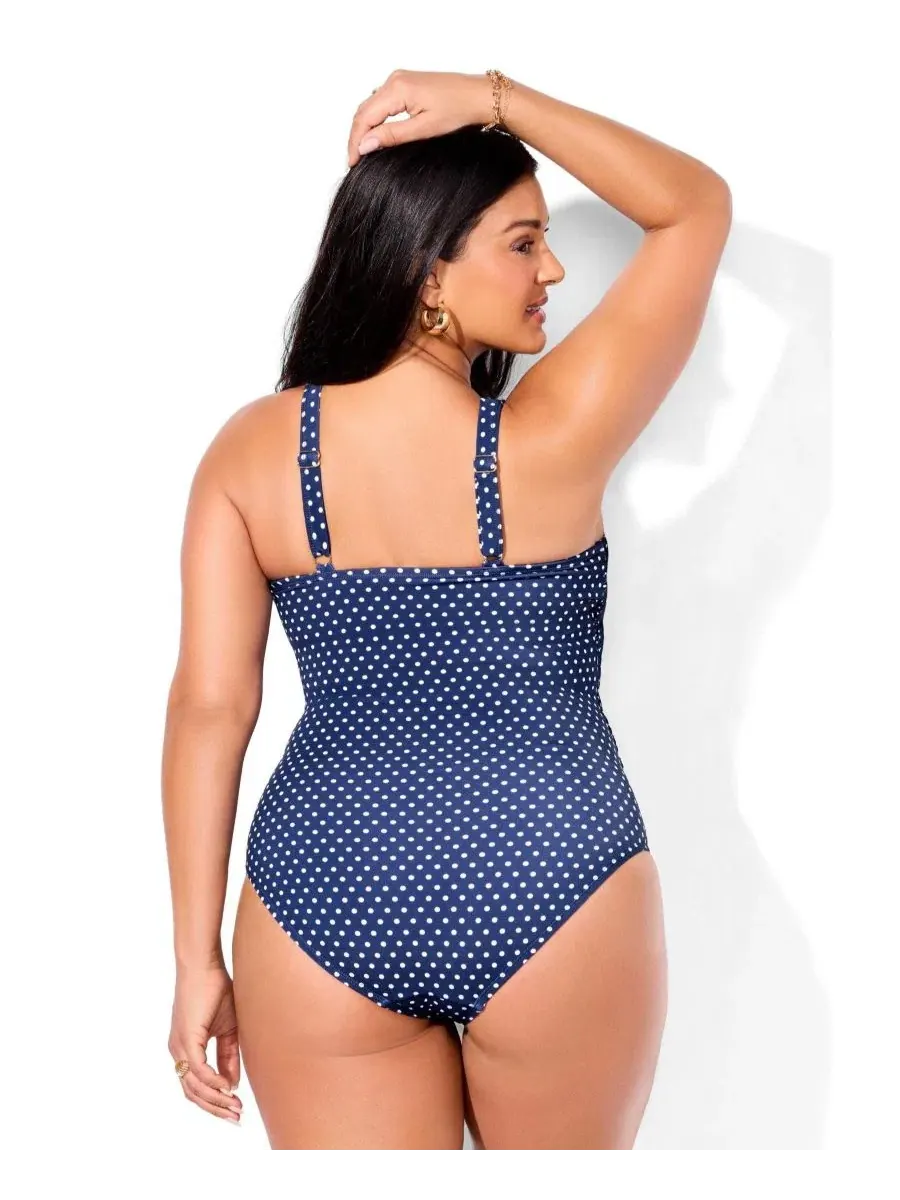 Женский слитный купальник с высоким воротником и запахом Swimsuits For All — изображение 2 из 3, темно-синий