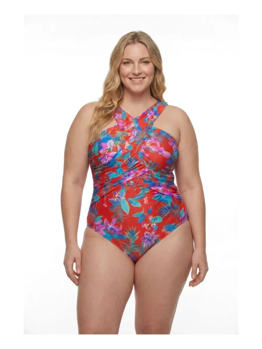 Женский слитный купальник с высоким воротником и запахом Swimsuits For All — изображение 1 из 3, красный