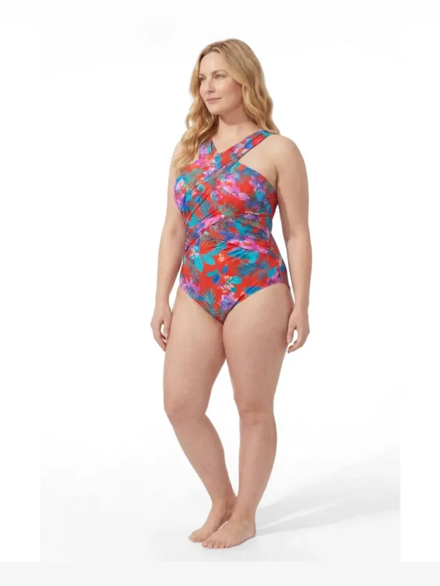 Женский слитный купальник с высоким воротником и запахом Swimsuits For All — изображение 3 из 3, красный