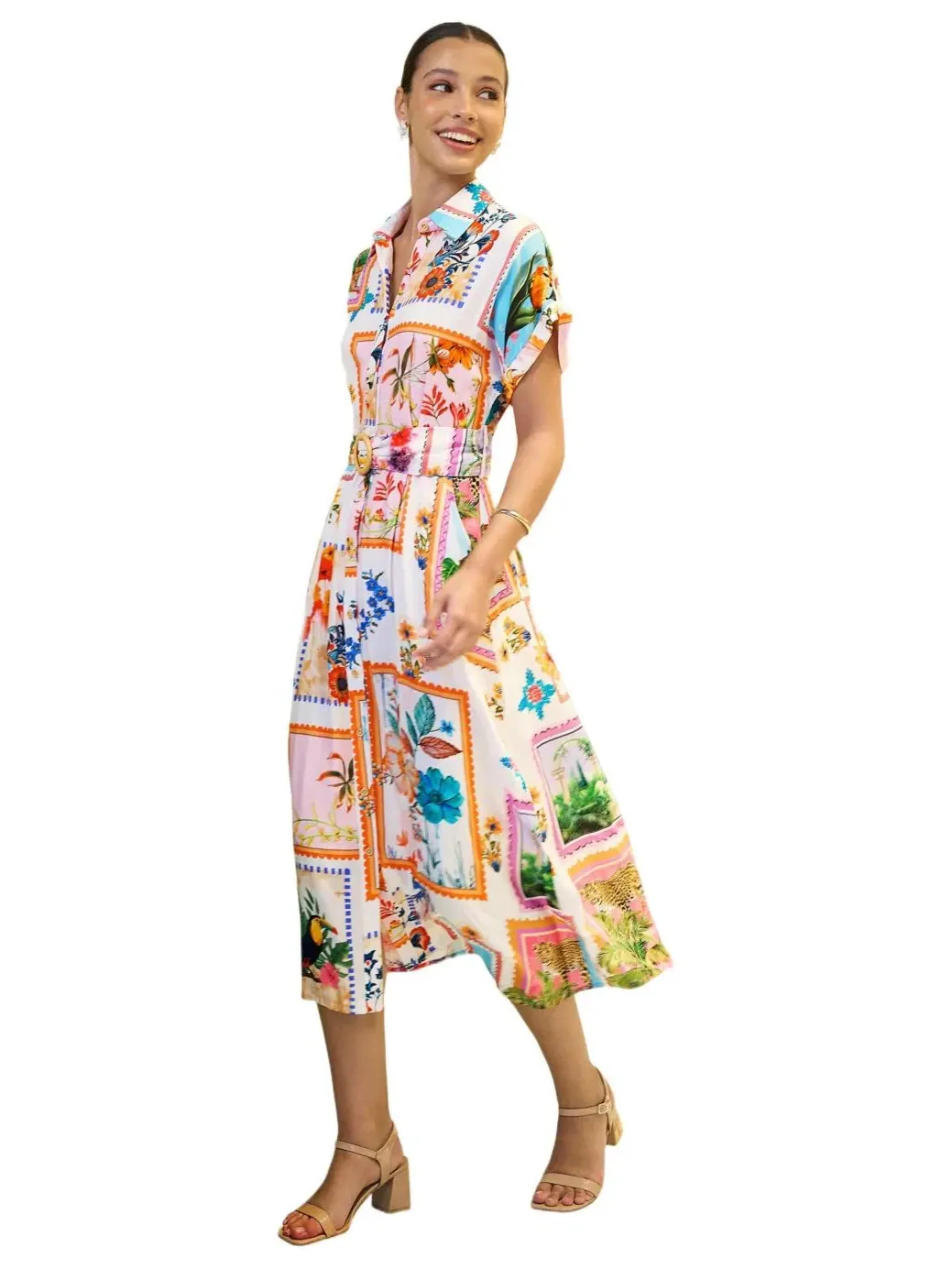 Платье-рубашка миди с поясом Tropical Postcard Print Yumi — изображение 1 из 8, белый