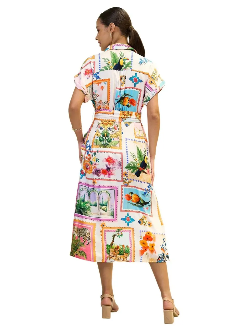 Платье-рубашка миди с поясом Tropical Postcard Print Yumi — изображение 2 из 8, белый