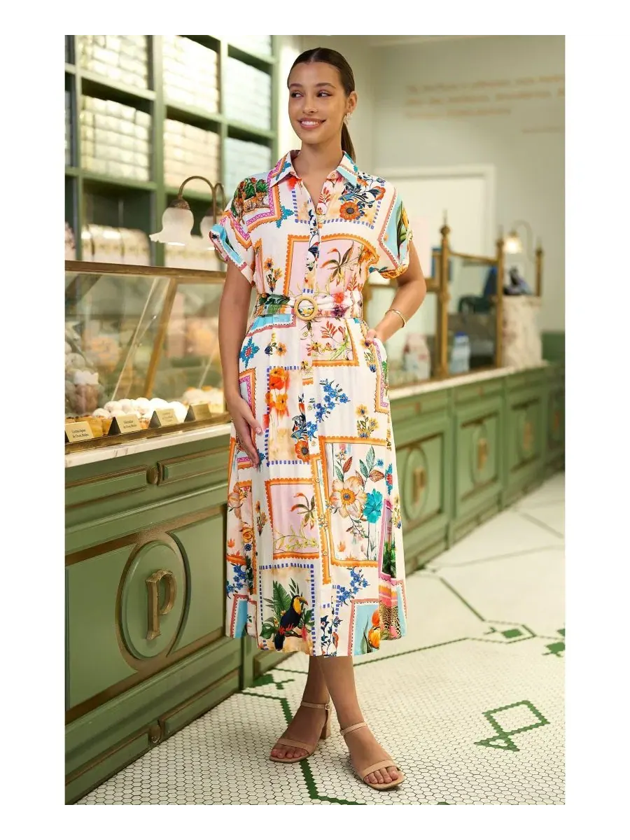 Платье-рубашка миди с поясом Tropical Postcard Print Yumi — изображение 3 из 8, белый