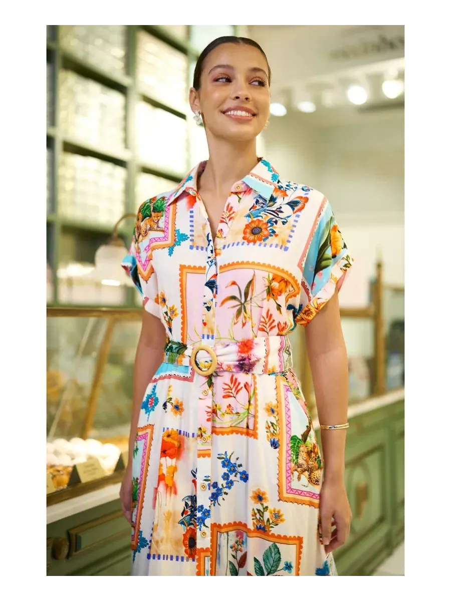 Платье-рубашка миди с поясом Tropical Postcard Print Yumi — изображение 6 из 8, белый